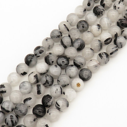 Natural Black Hairstone,Round,Grey white,6mm,Hole:0.8mm,about  63 pcs/strand,about 22 g/strand,5 strands/package,15"(38cm),XBGB00061bhia-L001