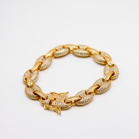 Grade 2A white  zirconia and copper Hiphop Coffee bean chain bracelet,18K Golden Plating,L:200mm, W:8mm,about 36 g/strand,1 strand/package,XBB00013bmob-905