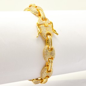 Grade 2A white  zirconia and copper Hiphop Coffee bean chain bracelet,18K Golden Plating,L:200mm, W:8mm,about 36 g/strand,1 strand/package,XBB00013bmob-905