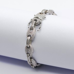 Grade 2A white  zirconia and copper Hiphop Coffee bean chain bracelet,Rhodium Plating ,L:200mm, W:8mm,about 36 g/strand,1 strand/package,XBB00016bnib-905