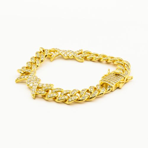 Grade 2A white  zirconia and copper Hiphop Cuban link chain bracelets,18K Golden Plating,L:200mm, W:7mm,about 31 g/strand,1 strand/package,XBB00019aknb-905