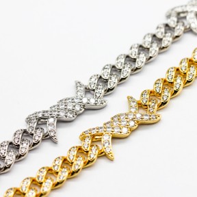 Grade 2A white  zirconia and copper Hiphop Cuban link chain bracelets,18K Golden Plating,L:200mm, W:7mm,about 31 g/strand,1 strand/package,XBB00019aknb-905
