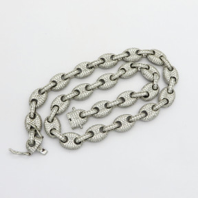 Grade 2A white  zirconia and copper Hiphop Coffee bean chain 18inches bracelet,Rhodium Plating,L:457mm, W:8mm,about 81g/pcs,1 pc/package,HHP00013hkpb-905