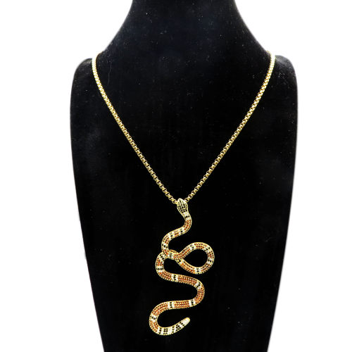 Brass Zirconia Pendant, 304 Stainless steel links Rope chains with Crooked Snake,Copper,Chains:700*4mm, Pendant:68mm,about 36g/pc,1 pc/package,HHP00029akmj-905