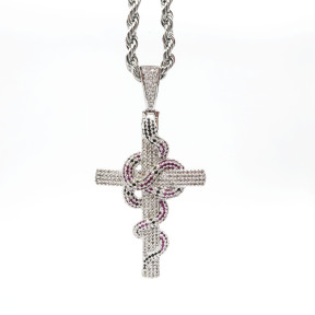 Brass Zirconia Pendant, 304 Stainless steel links Rope chains with The cross twining a snake,Original steel,Chains:700*4mm, Pendant:55*35mm,about 39g/pc,1 pc/package,HHP00030akia-905