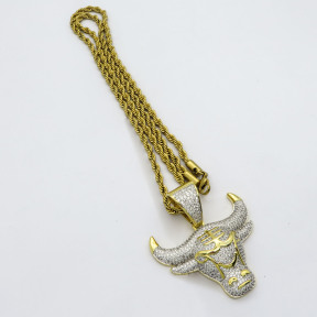 Brass Zirconia Pendant, 304 Stainless steel links Rope chains with bull head,Copper and Original steel,Chains:700*4mm, Pendant:42*50mm,about 48g/pc,1 pc/package,HHP00031akkm-905