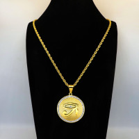 Stainless 304, Zirconia Engraving Eye of Horus Gold Round Pendants Rope With Chains ,Golden Plating,Diameter:42mm,Thickness:3mm,Link:600mm,about 51g/pc,1 pc/package,HHP00091bihj-360