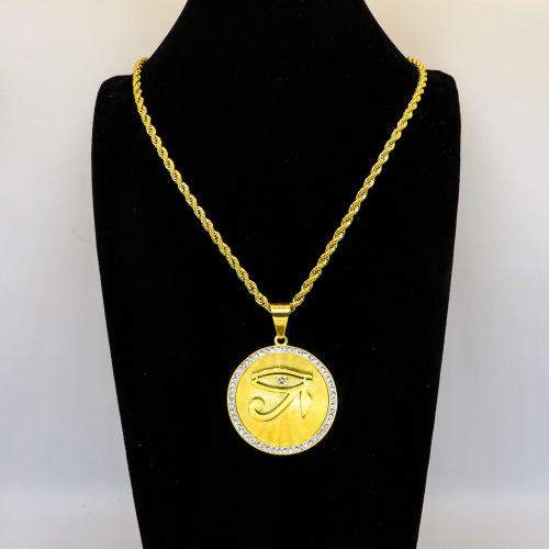 Stainless 304, Zirconia Engraving Eye of Horus Gold Round Pendants Rope With Chains ,Golden Plating,Diameter:42mm,Thickness:3mm,Link:600mm,about 45g/pc,1 pc/package,HHP00093bihj-360