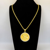 Stainless 304, Zirconia Engraving Number 23 Gold Round Pendants With Rope Chains ,Golden Plating,Diameter:42mm,Thickness:3mm,Link:600mm,about 46g/pc,1 pc/package,HHP00095vhpo-360