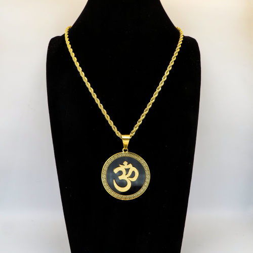 Stainless 304  Carved AUM(OM) Coins Pendants  With Rope Chains ,Golden Plating,Diameter:43mm,Thickness:3mm,Link:600mm,about 50g/pc,1 pc/package,HHP00099vhlo-360