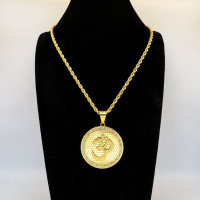 Stainless 304, Zirconia Carved AUM(OM) Coins Pendants  With Rope Chains ,Golden Plating,Diameter:44mm,Thickness:3mm,Link:600mm,about 56g/pc,1 pc/package,HHP00100biho-360