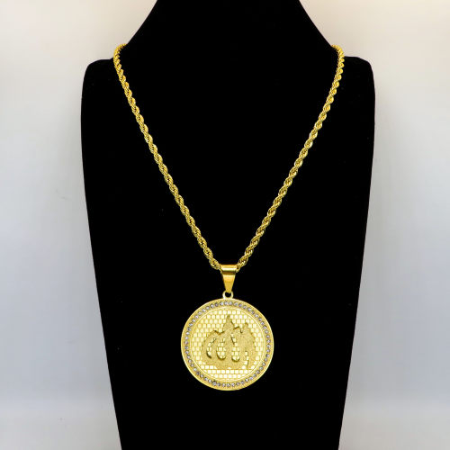 Stainless 304, Zirconia Engraving Islamic Calligraphy Allah Coins Pendants With Rope Chains ,Golden Plating,Diameter:44mm,Thickness:3mm,Link:600mm,about 57g/pc,1 pc/package,HHP00103biho-360