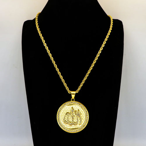 Stainless 304, Zirconia Engraving Islamic Calligraphy Allah Coins Pendants With Rope Chains ,Golden Plating,Diameter:44mm,Thickness:3mm,Link:600mm,about 53g/pc,1 pc/package,HHP00104aino-360