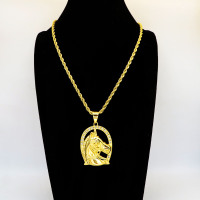 Stainless 304, Zirconia Horse Head Pendants With Rope Chains ,Golden Plating,Length:60mm,Width:36mm,Link:600mm,about 54g/pc,1 pc/package,HHP00110vhoj-360