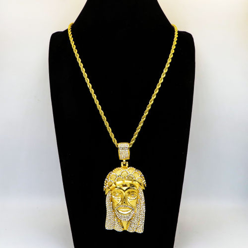 Stainless 304, Zirconia Iceout Jesus Face Diamond Pendant With Rope Chains ,Golden Plating,Length:82mm,Width:40mm,Link:600mm,about 99g/pc,1 pc/package,HHP00112alho-360