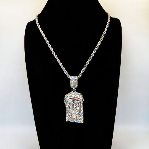Stainless 304, Zirconia Iceout Jesus Face Diamond Pendant With Rope Chains ,Steel Original Color,Length:65mm,Width:27mm,Link:600mm,about 61g/pc,1 pc/package,HHP00115ajjo-360