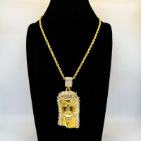 Stainless 304, Zirconia Ice Out  Jesus Christ Face Bible Christian Pendant With Rope Chains ,Golden Plating,Length:80mm,Width:36mm,Link:600mm,about 78g/pc,1 pc/package,HHP00118akao-360