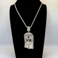 Stainless 304, Zirconia Ice Out  Jesus Christ Face Bible Christian Pendant With Rope Chains ,Steel Original Color,Length:80mm,Width:36mm,Link:600mm,about 75g/pc,1 pc/package,HHP00119ajlo-360