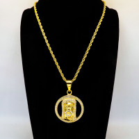 Stainless 304, Zirconia Round Jesus Head Pendant With Rope Chains ,Golden Plating,Diameter:41mm,Thickness:11mm,Link:600mm,about 58g/pc,1 pc/package,HHP00125aijj-360