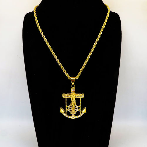 Stainless 304, Zirconia Jesus Christ Pendant With Rope Chains ,Golden Plating,Length:58mm,Width:36mm,Link:600mm,about 45g/pc,1 pc/package,HHP00130vhnm-360