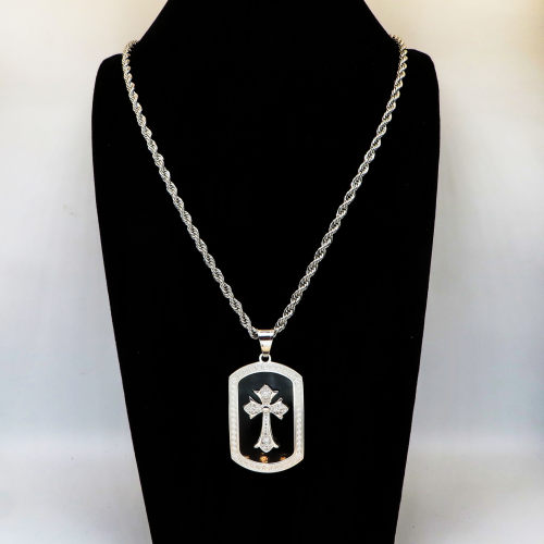 Stainless 304, Zirconia Engraving Cross Pendants With Rope Chains ,Steel Original Color,Diameter:58mm,Width:30mm,Link:600mm,about 44g/pc,1 pc/package,HHP00141vhnm-360