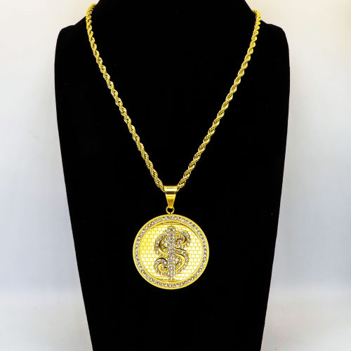 Stainless 304, Zirconia Engraving Dollar Symbol Coin Pendants With Rope Chains ,Golden Plating,Diameter:44mm,Thickness:6mm,Link:600mm,about 56g/pc,1 pc/package,HHP00143aino-360