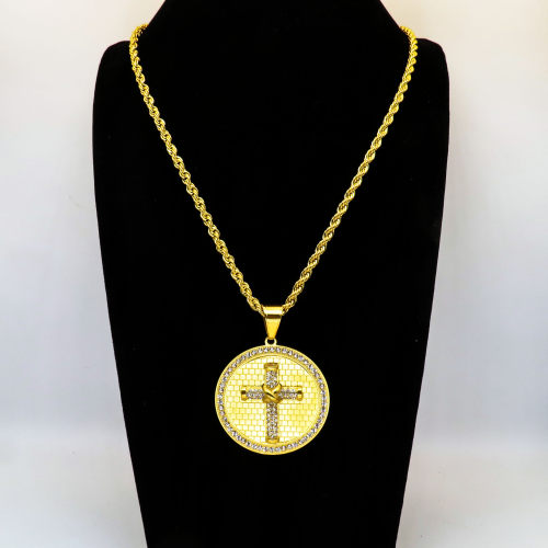Stainless 304, Zirconia Engraving Christian Cross Coin Pendants With Rope Chains ,Golden Plating,Diameter:44mm,Thickness:8mm,Link:600mm,about 55g/pc,1 pc/package,HHP00144aino-360