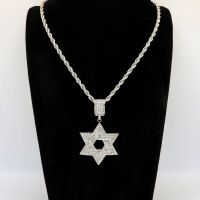 Stainless 304, Zirconia Engraving Star of David Coin Pendant With Rope Chains,Steel Original Color,Length:65mm,Width:36mm,Link:600mm,about 41g/pc,1 pc/package,HHP00147aioo-360