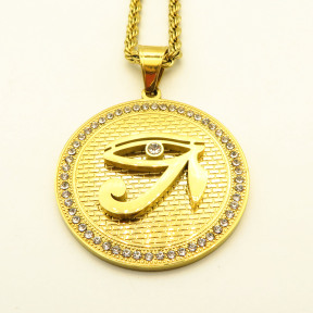 Stainless 304, Zirconia Engraving Eye of Horus Gold Round Pendants Rope With Chains ,Golden Plating,Diameter:44mm,Thickness:3mm,Link:600mm,about 55g/pc,1 pc/package,HHP00092bihj-360