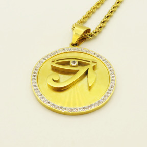 Stainless 304, Zirconia Engraving Eye of Horus Gold Round Pendants Rope With Chains ,Golden Plating,Diameter:42mm,Thickness:3mm,Link:600mm,about 45g/pc,1 pc/package,HHP00093bihj-360