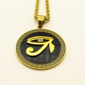 Stainless 304  Engraving Eye of Horus Gold Round Pendants Rope With Chains ,Golden Plating,Diameter:43mm,Thickness:3mm,Link:600mm,about 50g/pc,1 pc/package,HHP00094bihj-360