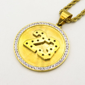 Stainless 304, Zirconia Engraving Number 23 Gold Round Pendants With Rope Chains ,Golden Plating,Diameter:42mm,Thickness:3mm,Link:600mm,about 46g/pc,1 pc/package,HHP00095vhpo-360