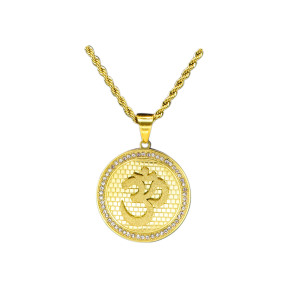 Stainless 304, Zirconia Carved AUM(OM) Coins Pendants  With Rope Chains ,Golden Plating,Diameter:44mm,Thickness:3mm,Link:600mm,about 56g/pc,1 pc/package,HHP00100biho-360