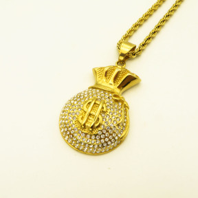Stainless 304, Zirconia Iceout Dollar Bag Pendants With Rope Chains ,Golden Plating,Length:60mm,Width:31mm,Link:600mm,about 47g/pc,1 pc/package,HHP00106aimo-360