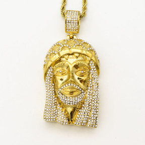 Stainless 304, Zirconia Iceout Jesus Face Diamond Pendant With Rope Chains ,Golden Plating,Length:82mm,Width:40mm,Link:600mm,about 99g/pc,1 pc/package,HHP00112alho-360