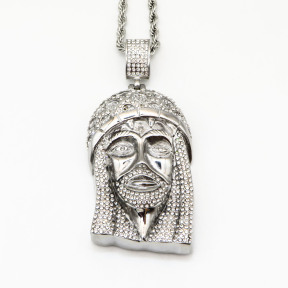 Stainless 304, Zirconia Iceout Jesus Face Diamond Pendant With Rope Chains ,Steel Original Color,Length:82mm,Width:40mm,Link:600mm,about 127g/pc,1 pc/package,HHP00113akmo-360