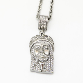 Stainless 304, Zirconia Iceout Jesus Face Diamond Pendant With Rope Chains ,Steel Original Color,Length:65mm,Width:27mm,Link:600mm,about 61g/pc,1 pc/package,HHP00115ajjo-360