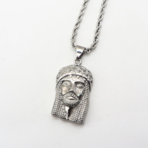 Stainless 304  Jesus Pendant With Rope Chains ,Steel Original Color,Length:57mm,Width:27mm,Link:600mm,about 44g/pc,1 pc/package,HHP00117bhjo-360