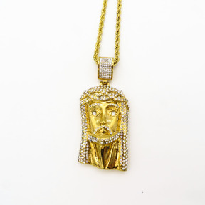 Stainless 304, Zirconia Ice Out  Jesus Christ Face Bible Christian Pendant With Rope Chains ,Golden Plating,Length:80mm,Width:36mm,Link:600mm,about 78g/pc,1 pc/package,HHP00118akao-360