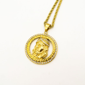 Stainless 304, Zirconia Iceout Round Jesus Head Pendant With Rope Chains ,Golden Plating,Diameter:36mm,Thickness:3mm,Link:600mm,about 40g/pc,1 pc/package,HHP00121vhnj-360