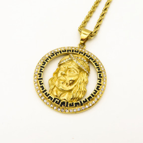 Stainless 304, Zirconia Round Jesus Head Pendant With Rope Chains ,Golden Plating,Diameter:46mm,Thickness:7mm,Link:600mm,about 50g/pc,1 pc/package,HHP00122bibo-360
