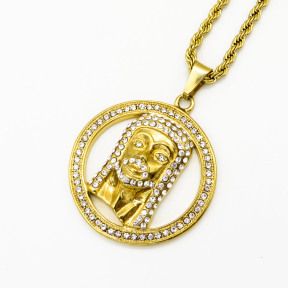Stainless 304, Zirconia Round Jesus Head Pendant With Rope Chains ,Golden Plating,Diameter:46mm,Thickness:9mm,Link:600mm,about 60g/pc,1 pc/package,HHP00123bibo-360