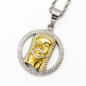 Stainless 304, Zirconia Round Jesus Head Pendant With Rope Chains ,Golden Plating,Diameter:41mm,Thickness:11mm,Link:600mm,about 57g/pc,1 pc/package,HHP00124aijo-360