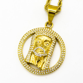 Stainless 304, Zirconia Round Jesus Head Pendant With Rope Chains ,Golden Plating,Diameter:41mm,Thickness:11mm,Link:600mm,about 58g/pc,1 pc/package,HHP00125aijj-360