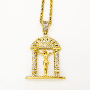 Stainless 304, Zirconia Jesus Christ Pendant With Rope Chains ,Golden Plating,Length:67mm,Width:42mm,Link:600mm,about 50g/pc,1 pc/package,HHP00127aiko-360