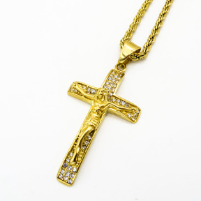Stainless 304, Zirconia Christ Jesus Cross Pendant With Rope Chains ,Golden Plating,Length:64mm,Width:30mm,Link:600mm,about 43g/pc,1 pc/package,HHP00128vhnj-360