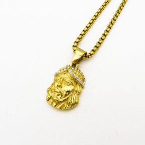 Stainless 304, Zirconia Jesus Head Pendant Necklace,Golden Plating,Length:32mm,Width:17mm,Link:600mm,about 46g/pc,1 pc/package,HHP00132vhlh-360