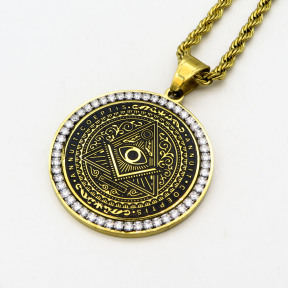 Stainless 304, Zirconia Engraving Eye Of Providence Coins Pendants  With Rope Chains ,Golden Plating,Diameter:40mm,Thickness:3mm,Link:600mm,about 50g/pc,1 pc/package,HHP00133vhmj-360