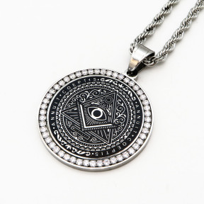 Stainless 304, Zirconia Engraving Eye Of Providence Coins Pendants  With Rope Chains ,Steel Original Color,Diameter:40mm,Thickness:3mm,Link:600mm,about 48g/pc,1 pc/package,HHP00134bhjj-360