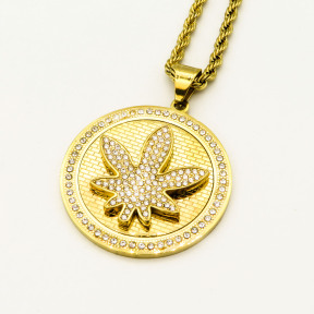 Stainless 304, Zirconia Engraving Maple Leaf Coin Pendants With Rope Chains ,Golden Plating,Diameter:44mm,Thickness:5mm,Link:600mm,about 56g/pc,1 pc/package,HHP00135aino-360